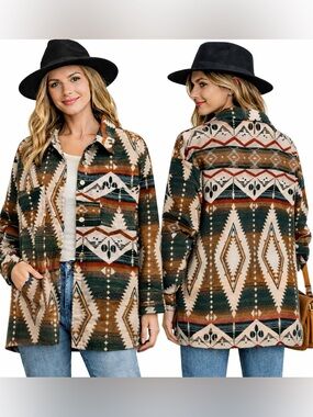 Davi & Dani Southwestern Western boho Shacket Jacket Aztec Print Oversized Small